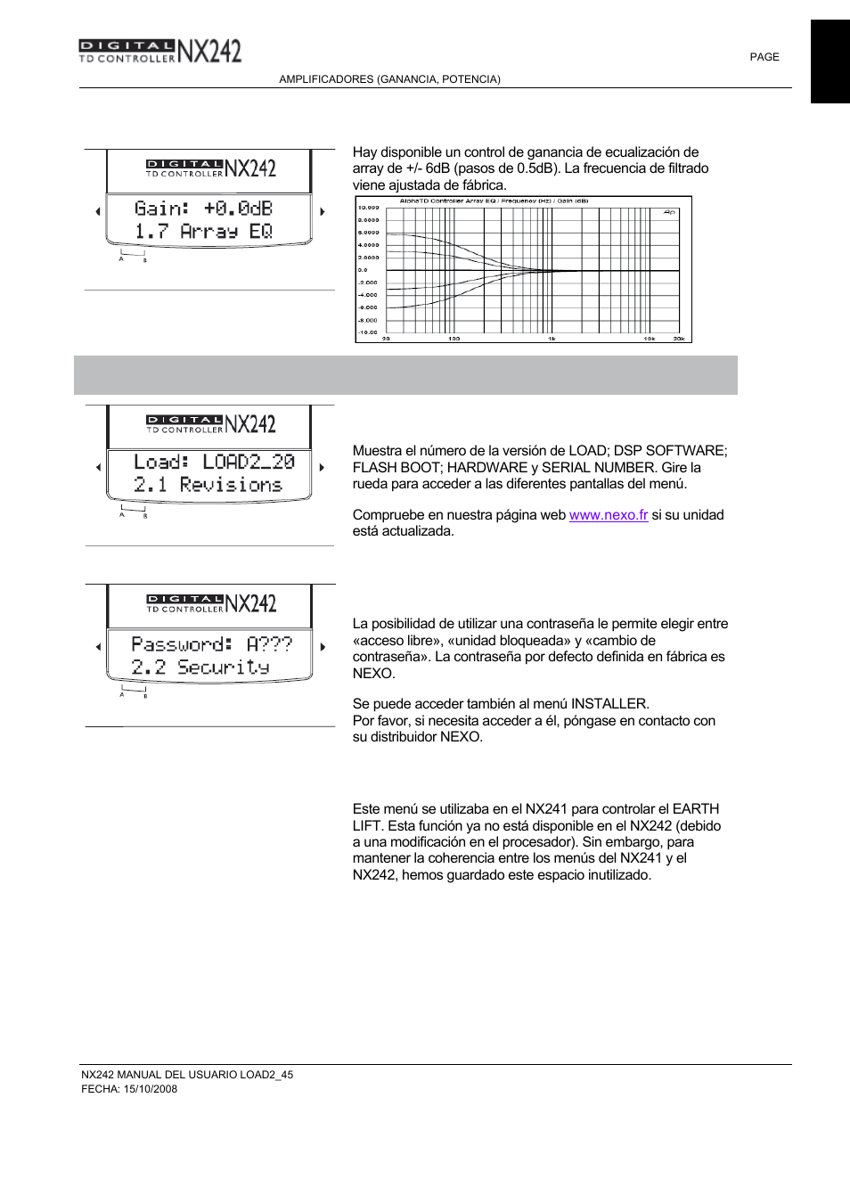 7 array eq, 1 versión de software [soft & hard rev, 2 seguridad [password | 3 reservado | Nexo NXAMP User Manual | Page 21 / 38