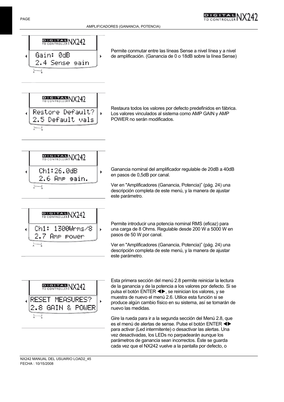 4 sense gain (ganancia de sense), 5 restaurar valores por defecto, 6 amp gain | 7 amp power, 8 reset medidas & sense alert | Nexo NXAMP User Manual | Page 22 / 38