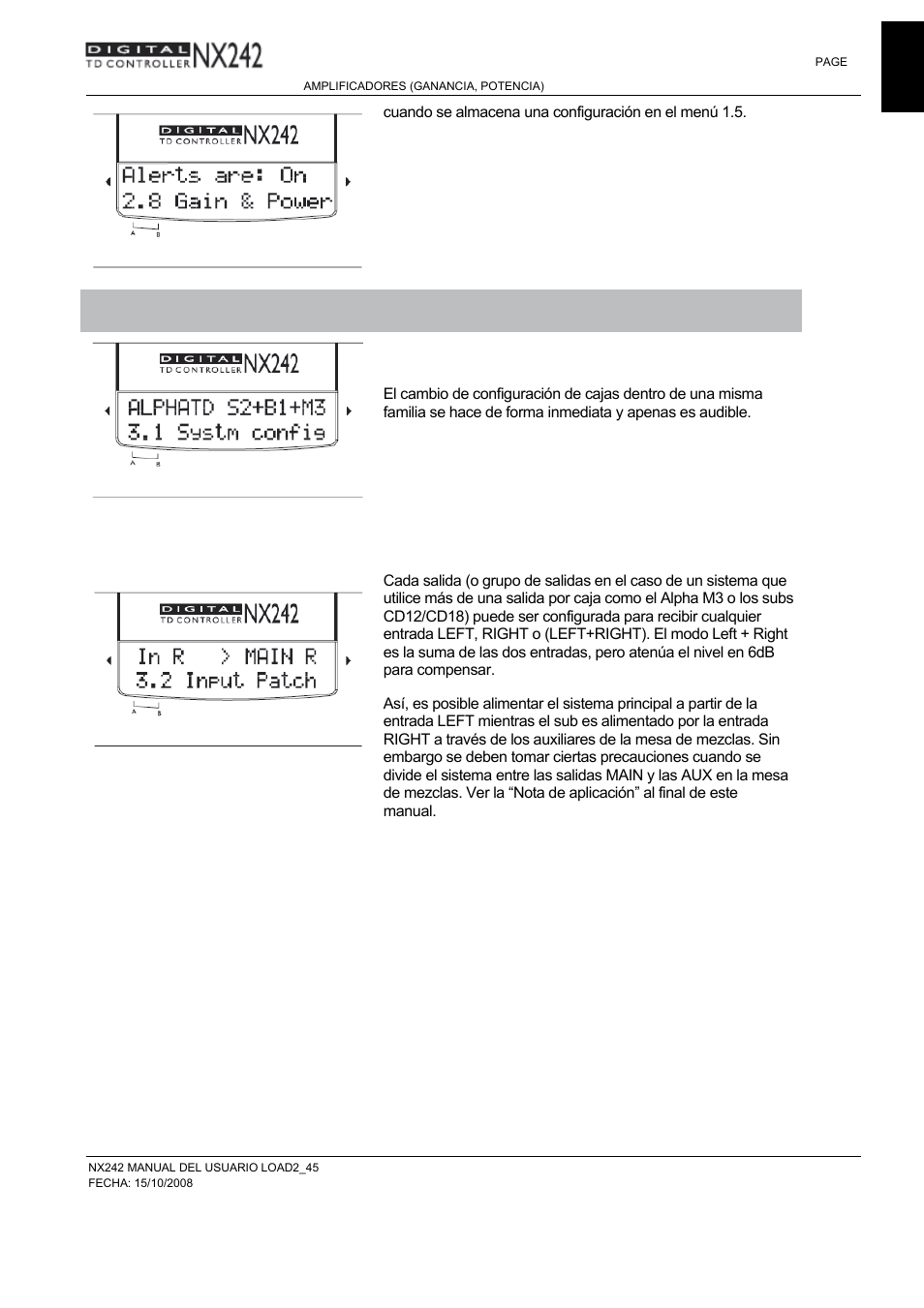 1 configuración del sistema, Patch de entrada, menu 3.2 | Nexo NXAMP User Manual | Page 23 / 38