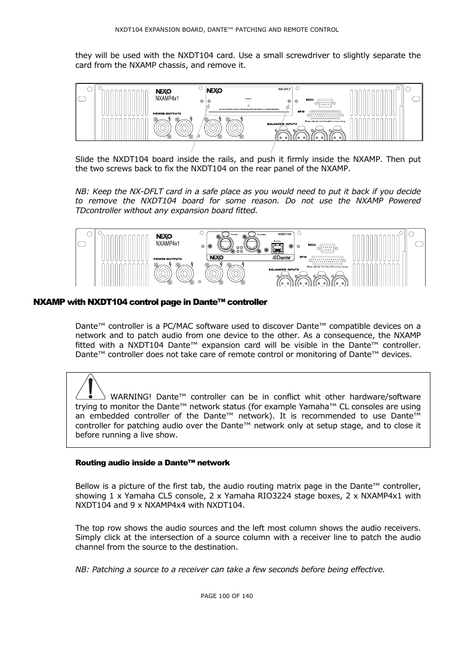 Routing audio inside a dante™ network, Nxamp, With | Nxdt104, Ante, Controller, Outing audio inside a, Network | Nexo NUAR User Manual | Page 100 / 140