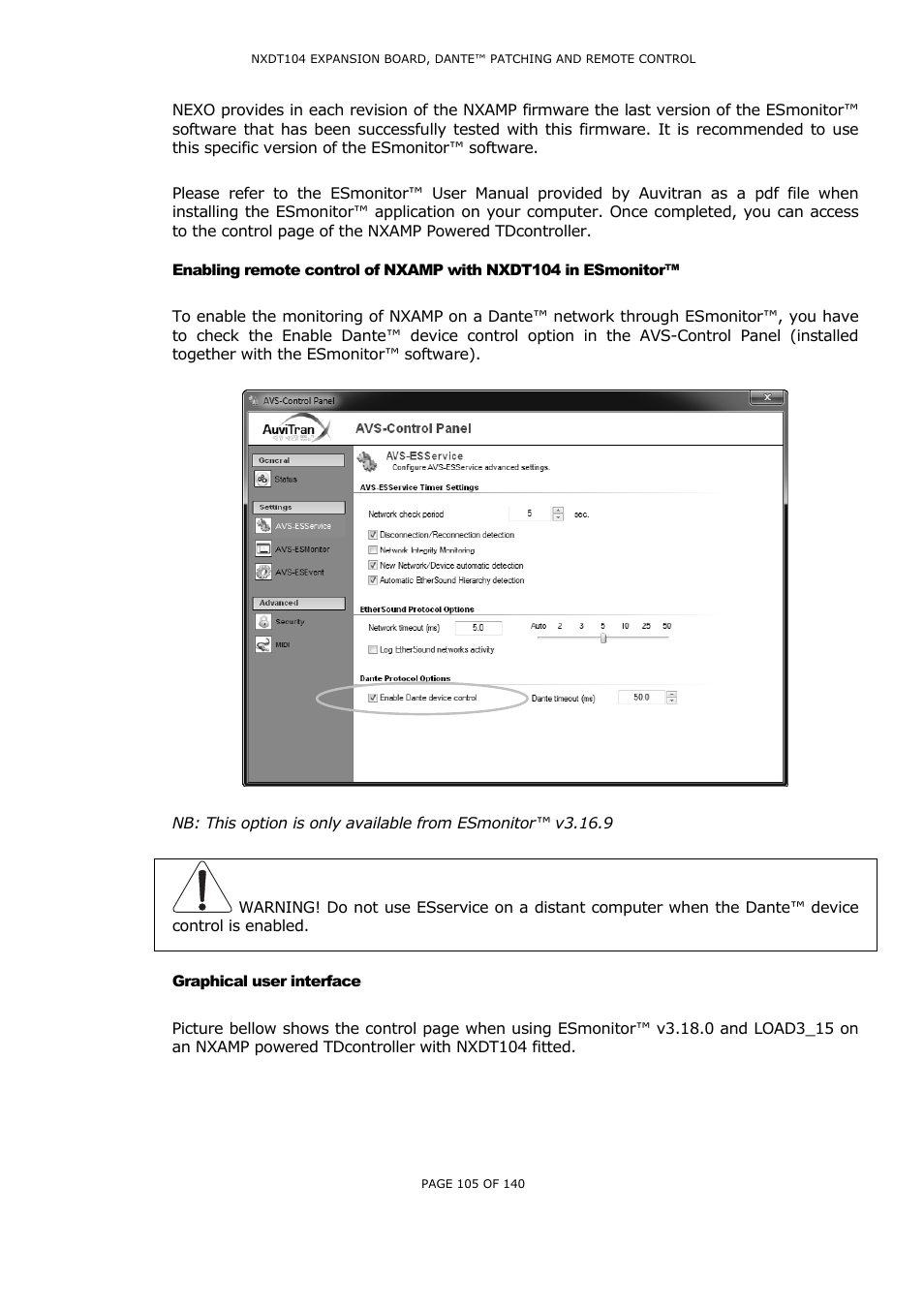 Graphical user interface, Nabling remote control of, Nxamp | With, Nxdt104, Monitor, Raphical user interface | Nexo NUAR User Manual | Page 105 / 140