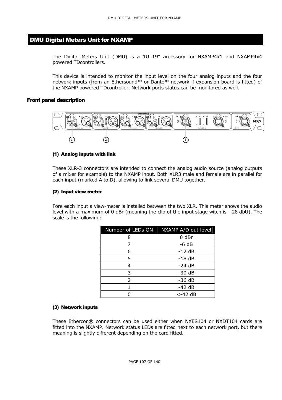 Dmu digital meters unit for nxamp, Front panel description, Analog inputs with link | 2) input view meter, 3) network inputs, Ront panel description, Nalog inputs with link, Nput view meter, Etwork inputs | Nexo NUAR User Manual | Page 107 / 140