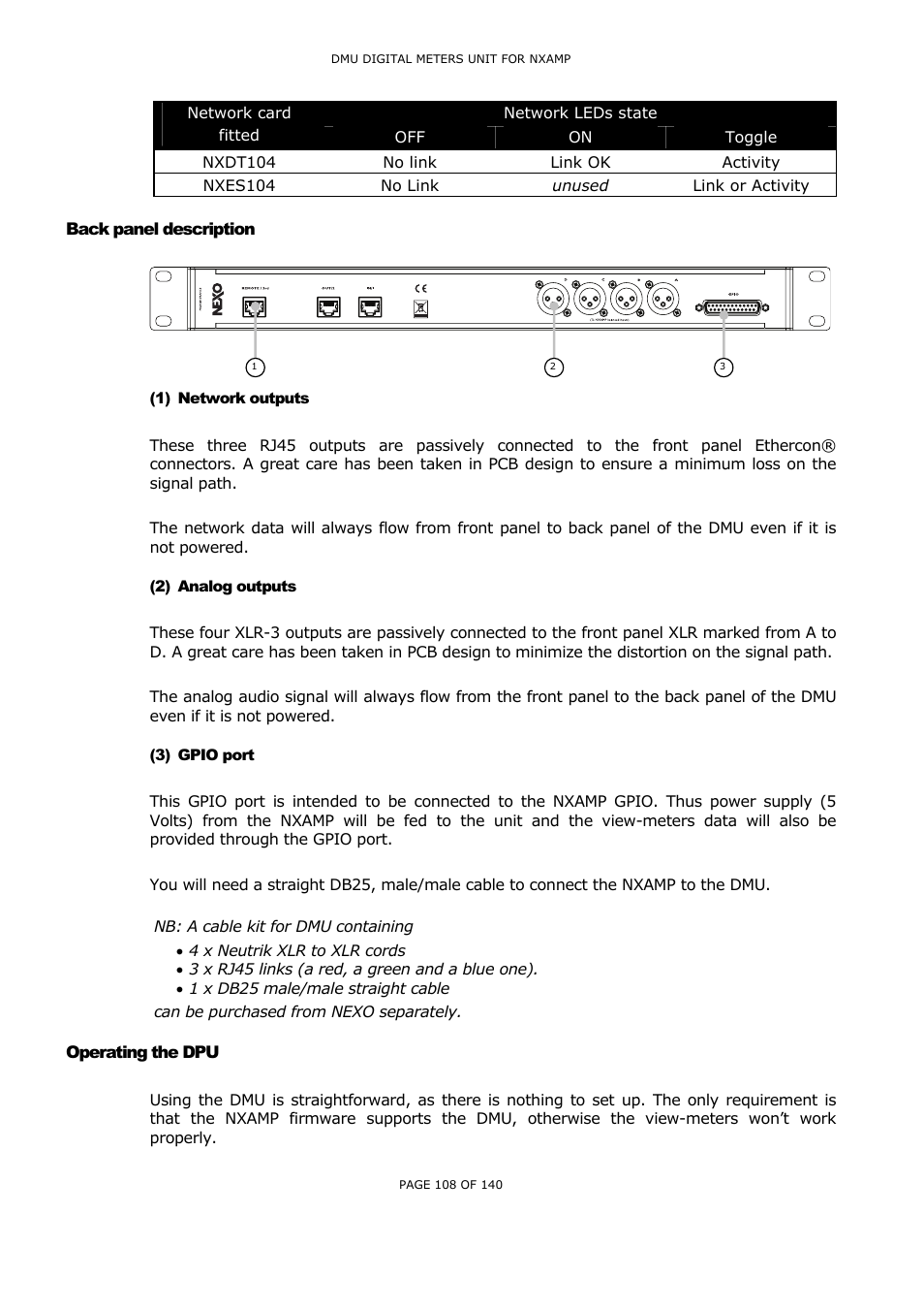 Back panel description, 1) network outputs, 2) analog outputs | 3) gpio port, Operating the dpu, Ack panel description, Etwork outputs, Nalog outputs, Gpio, Port | Nexo NUAR User Manual | Page 108 / 140