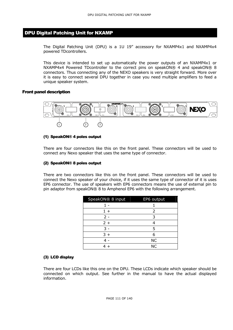 Dpu digital patching unit for nxamp, Front panel description, Speakon® 4 poles output | Speakon® 8 poles output, Lcd display, Ront panel description, Peak, Poles output, Display | Nexo NUAR User Manual | Page 111 / 140