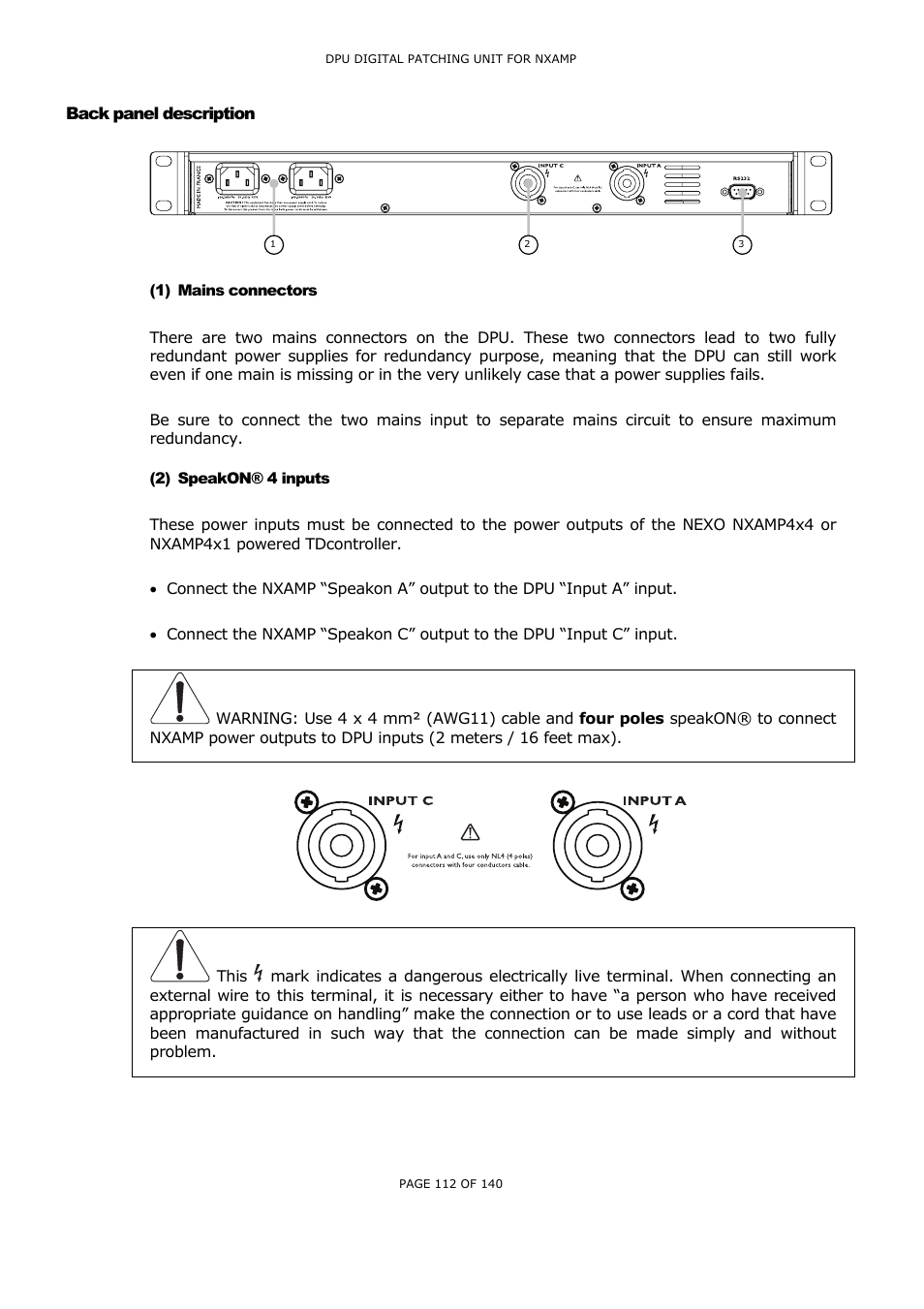 Back panel description, Mains connectors, Speakon® 4 inputs | Ack panel description, Ains connectors, Peak, Inputs | Nexo NUAR User Manual | Page 112 / 140