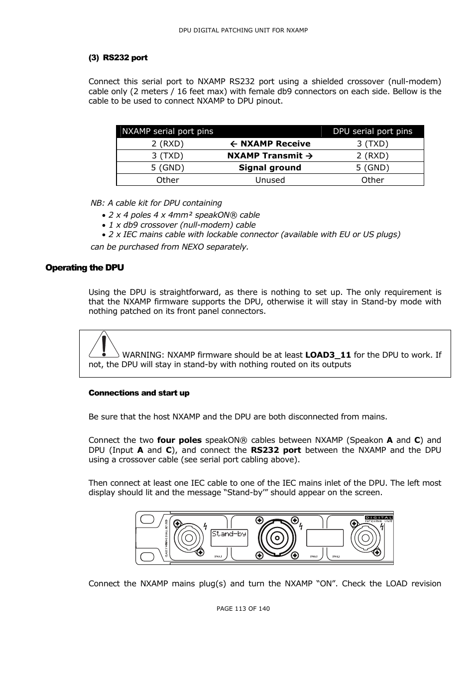 Rs232 port, Operating the dpu, Connections and start up | Rs232, Port, Perating the, Onnections and start up | Nexo NUAR User Manual | Page 113 / 140
