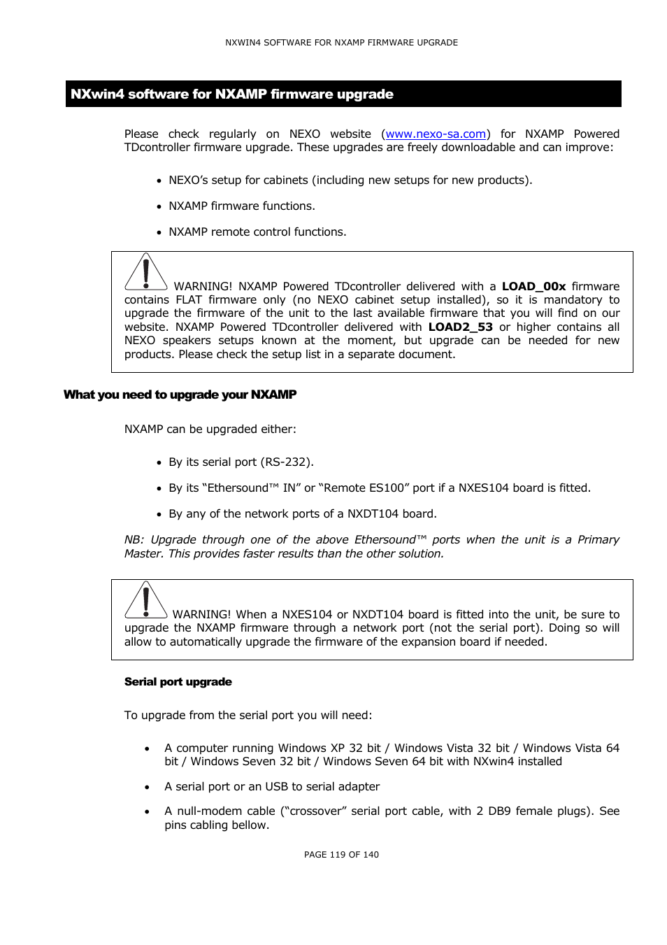 Nxwin4 software for nxamp firmware upgrade, What you need to upgrade your nxamp, Serial port upgrade | Hat you need to upgrade your, Nxamp, Erial port upgrade | Nexo NUAR User Manual | Page 119 / 140