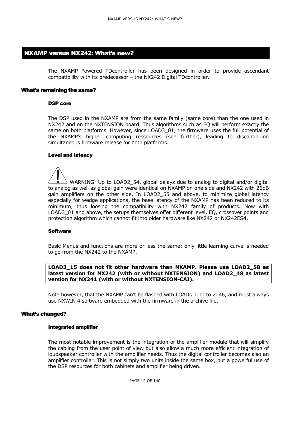 Nxamp versus nx242: what’s new, What’s remaining the same, Dsp core | Level and latency, Software, What’s changed, Integrated amplifier, S remaining the same, Core, Evel and latency | Nexo NUAR User Manual | Page 12 / 140