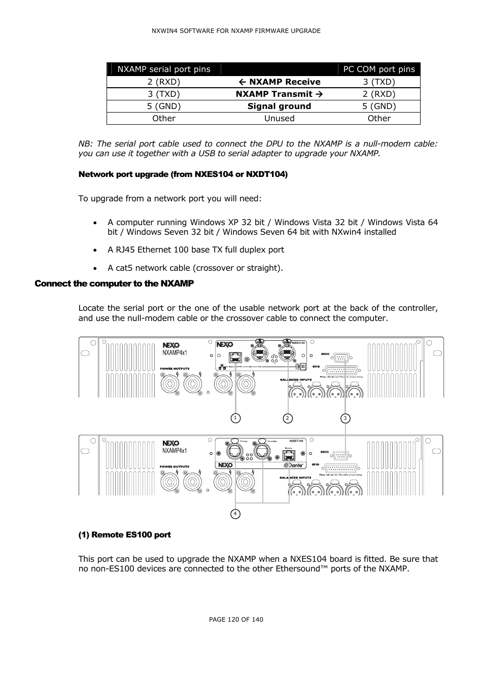 Network port upgrade (from nxes104 or nxdt104), Connect the computer to the nxamp, 1) remote es100 port | Etwork port upgrade, From, Nxes104, Nxdt104), Onnect the computer to the, Nxamp, Emote | Nexo NUAR User Manual | Page 120 / 140