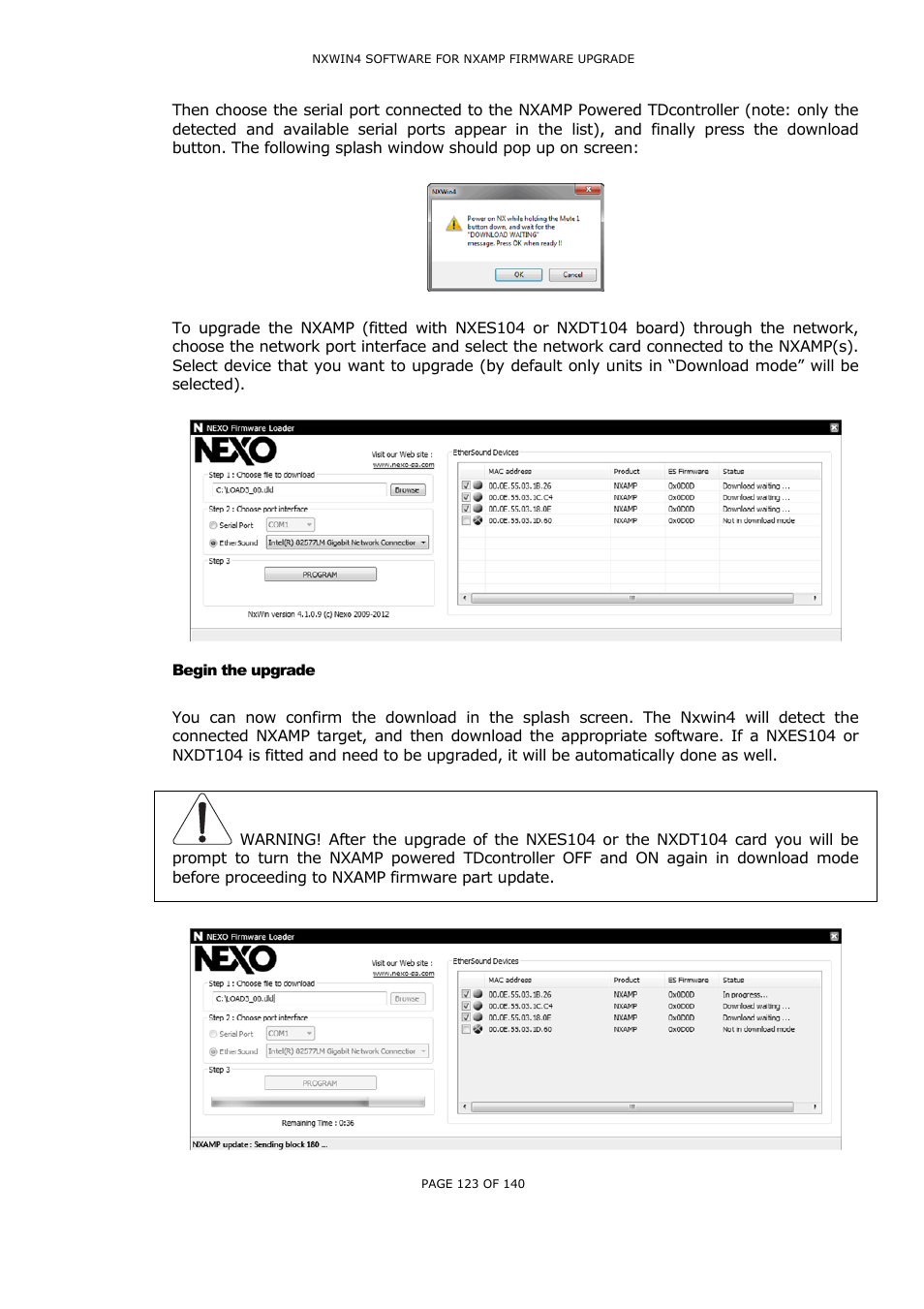 Begin the upgrade, Egin the upgrade | Nexo NUAR User Manual | Page 123 / 140