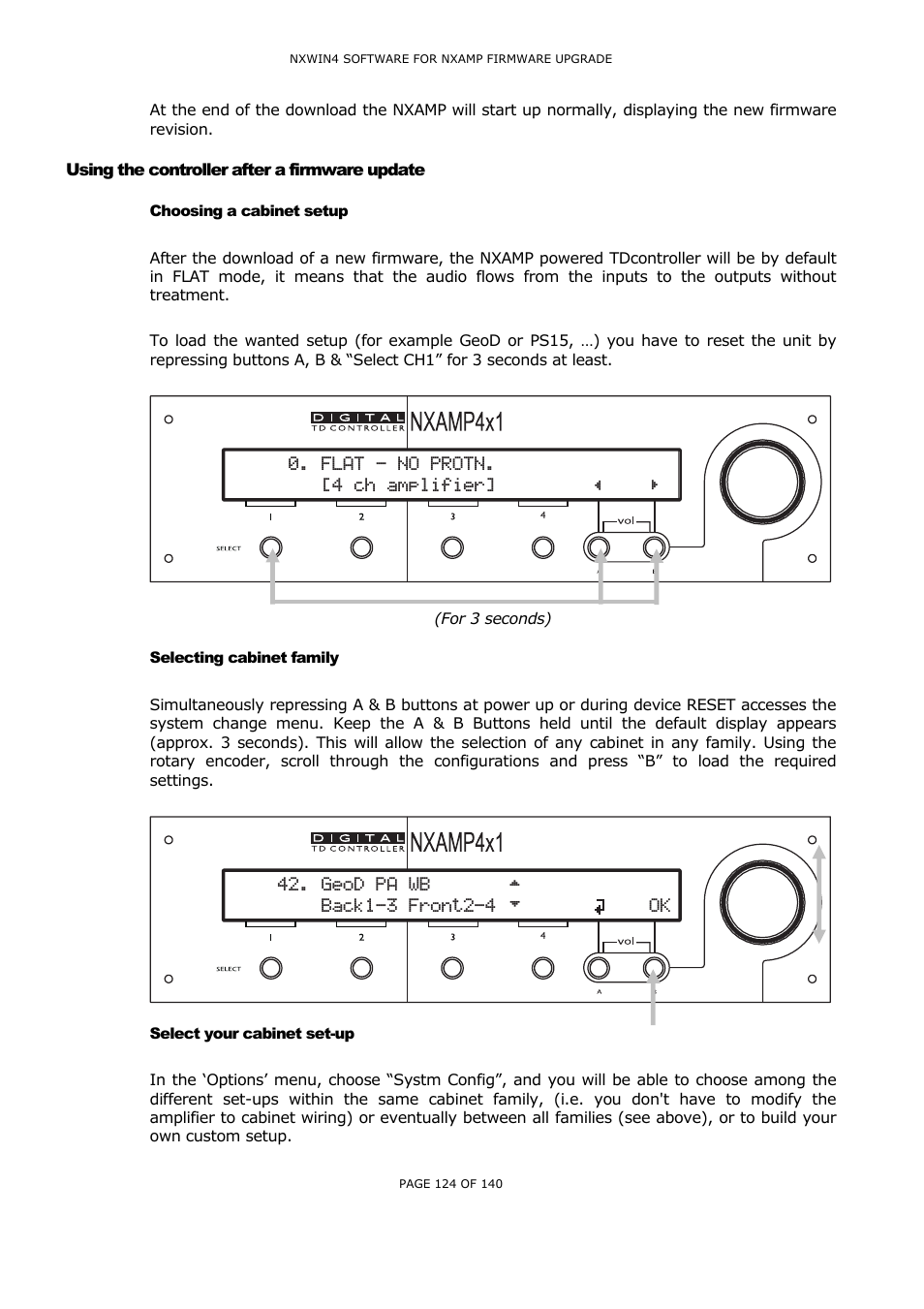 Using the controller after a firmware update, Choosing a cabinet setup, Selecting cabinet family | Select your cabinet set-up, Sing the controller after a firmware update, Hoosing a cabinet setup, Electing cabinet family, Elect your cabinet set | Nexo NUAR User Manual | Page 124 / 140