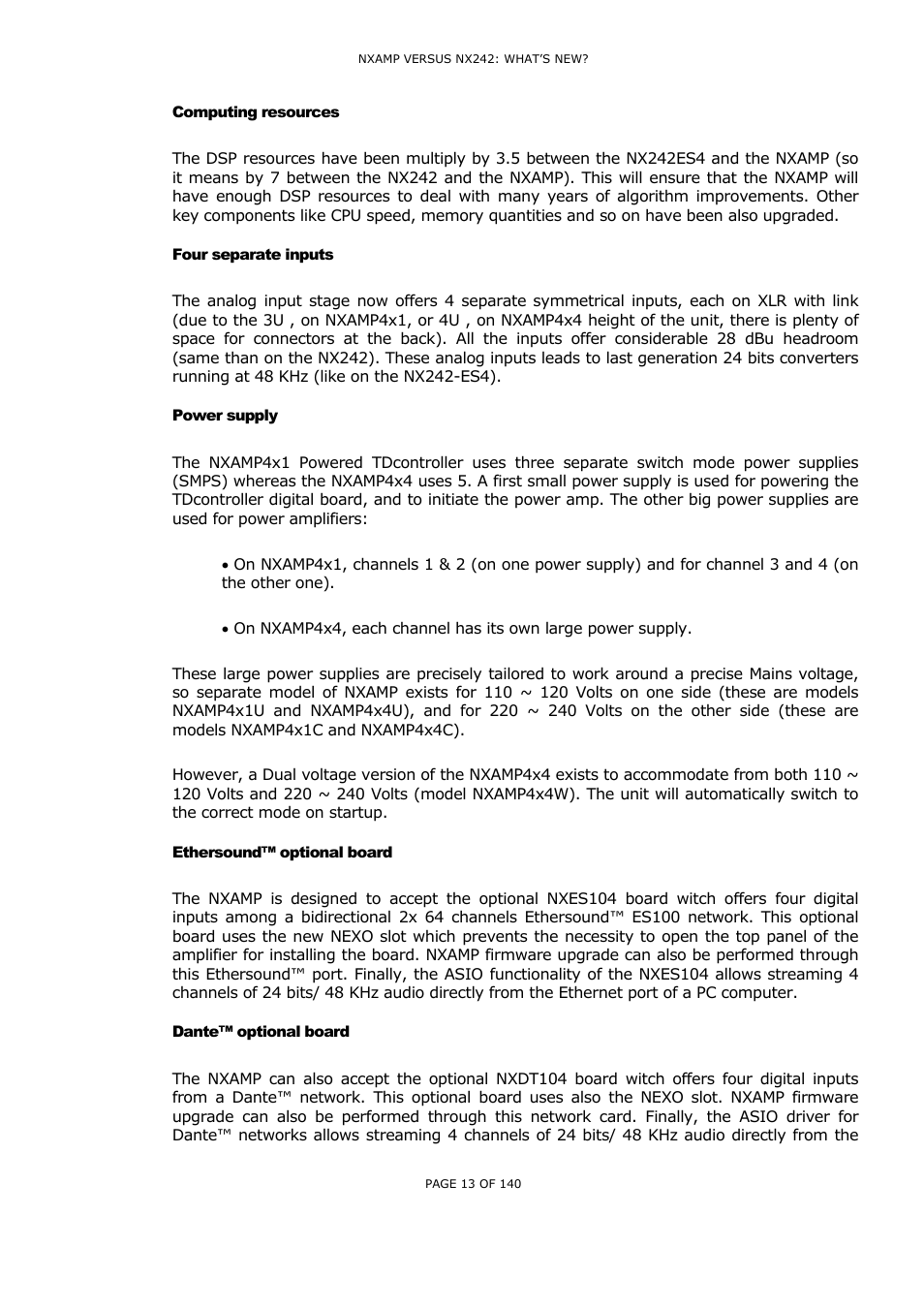 Computing resources, Four separate inputs, Power supply | Ethersound™ optional board, Dante™ optional board, Omputing resources, Our separate inputs, Ower supply, Thersound, Optional board | Nexo NUAR User Manual | Page 13 / 140