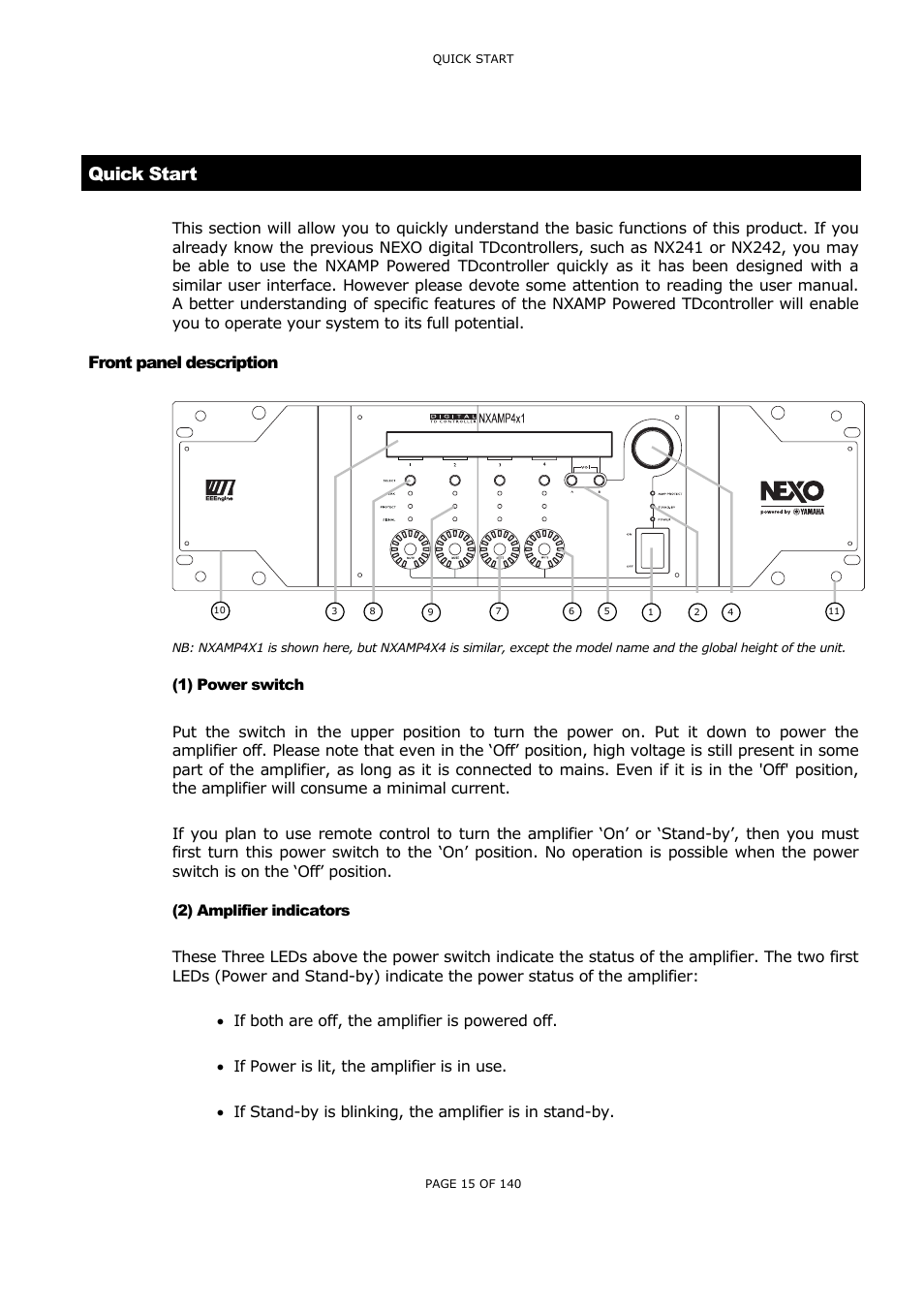 Quick start, Front panel description, 1) power switch | 2) amplifier indicators, Ront panel description, Ower switch, Mplifier indicators | Nexo NUAR User Manual | Page 15 / 140