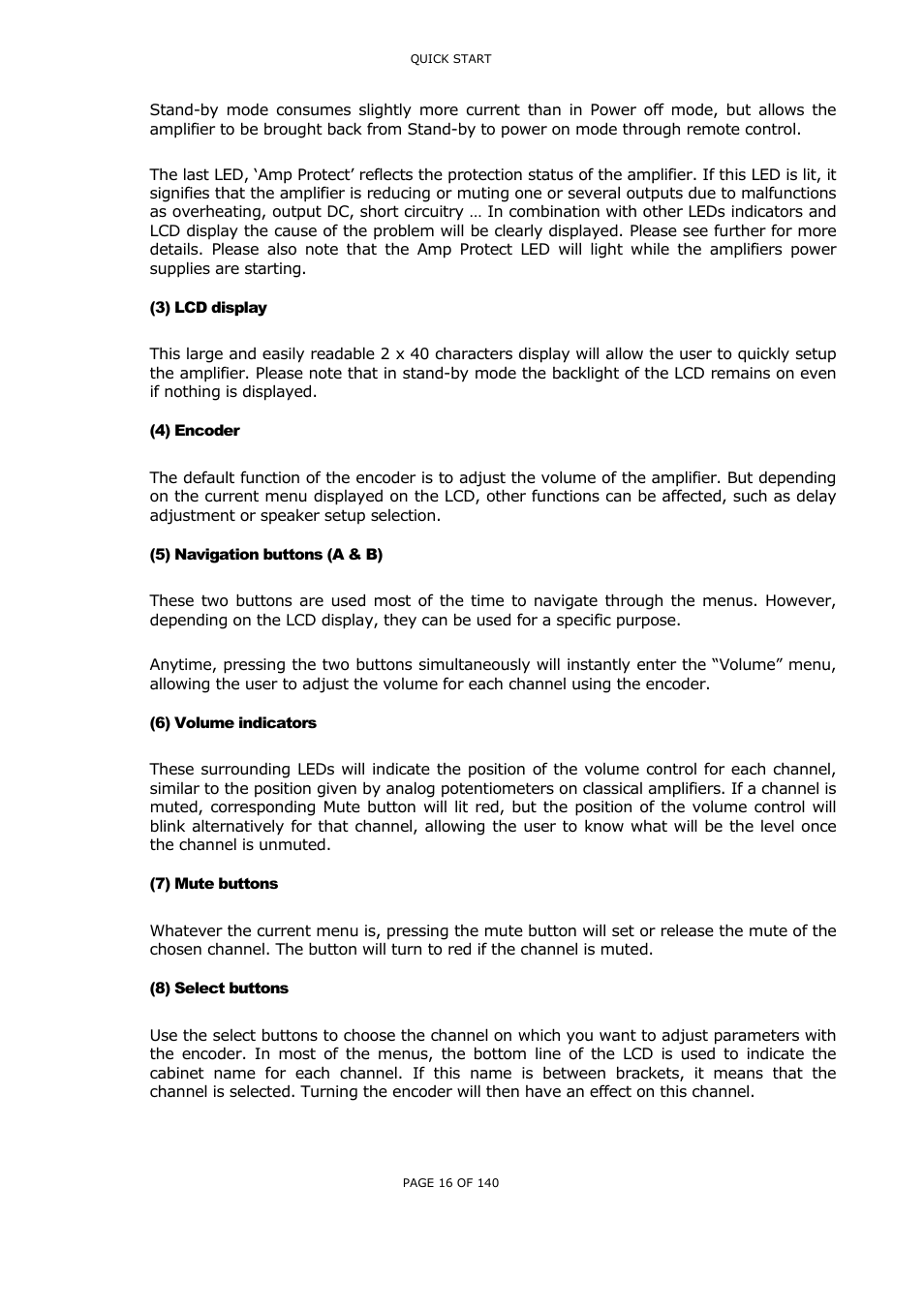3) lcd display, 4) encoder, 5) navigation buttons (a & b) | 6) volume indicators, 7) mute buttons, 8) select buttons, Display, Ncoder, Avigation buttons, Olume indicators | Nexo NUAR User Manual | Page 16 / 140