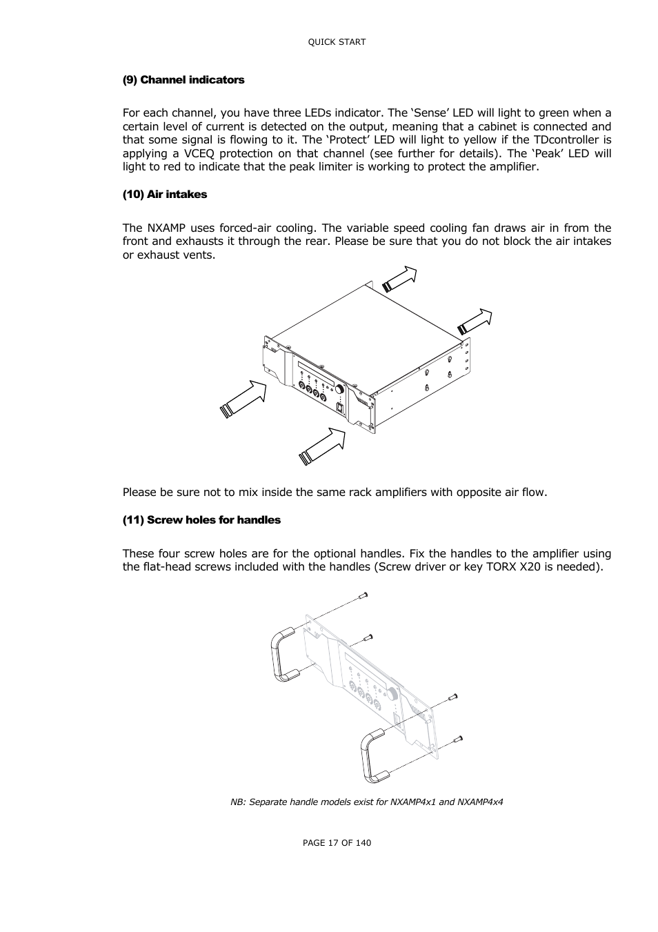 9) channel indicators, 10) air intakes, 11) screw holes for handles | Hannel indicators, Ir intakes, Crew holes for handles | Nexo NUAR User Manual | Page 17 / 140