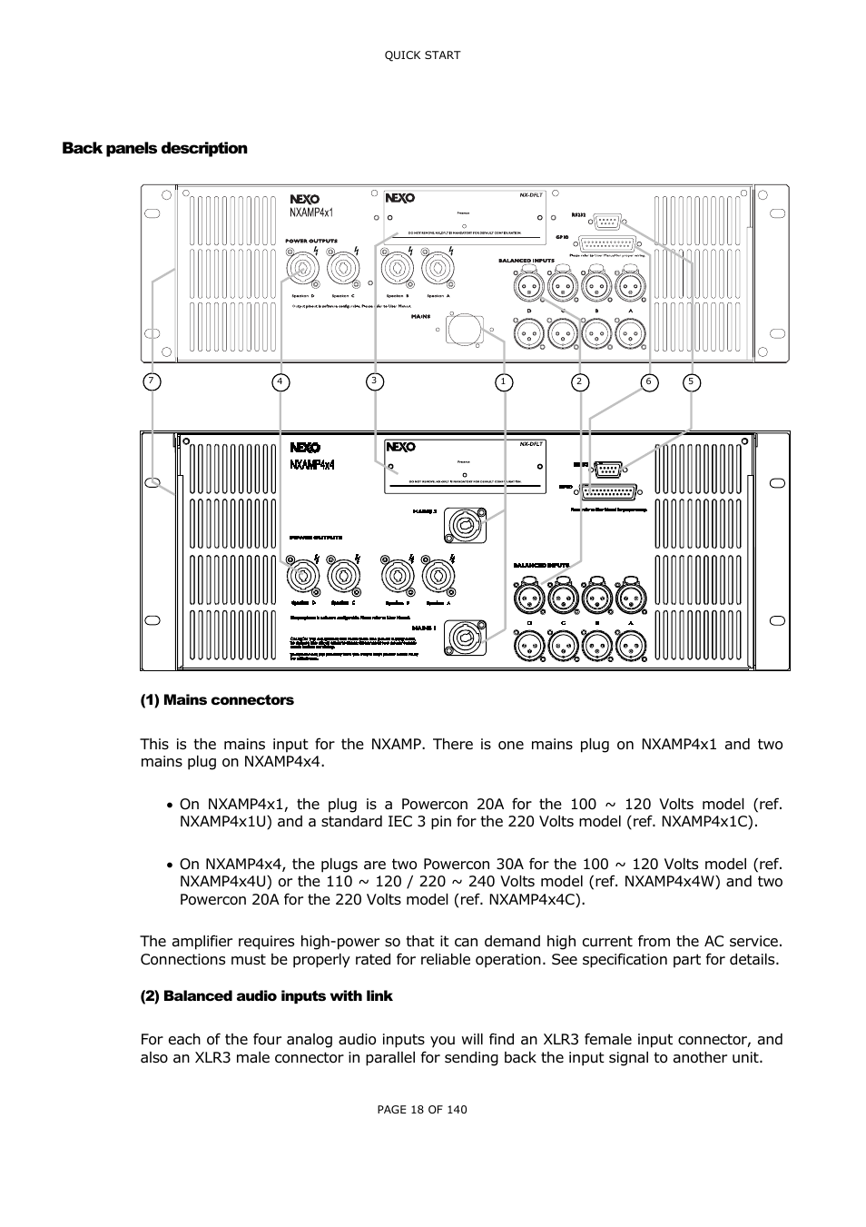 Back panels description, 1) mains connectors, 2) balanced audio inputs with link | Ack panels description, Ains connectors, Alanced audio inputs with link | Nexo NUAR User Manual | Page 18 / 140