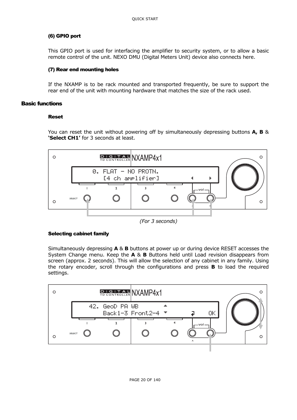6) gpio port, 7) rear end mounting holes, Basic functions | Reset, Selecting cabinet family, Gpio, Port, Ear end mounting holes, Asic functions, Eset | Nexo NUAR User Manual | Page 20 / 140