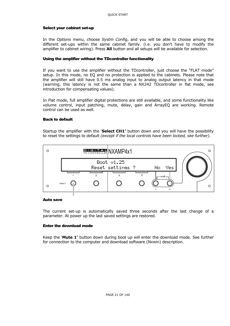 Select your cabinet set-up, Back to default, Auto save | Enter the download mode, Elect your cabinet set, Sing the amplifier without the, Controller functionality, Ack to default, Uto save, Nter the download mode | Nexo NUAR User Manual | Page 21 / 140