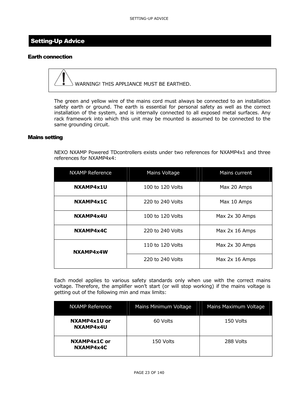 Setting-up advice, Earth connection, Mains setting | Arth connection, Ains setting | Nexo NUAR User Manual | Page 23 / 140