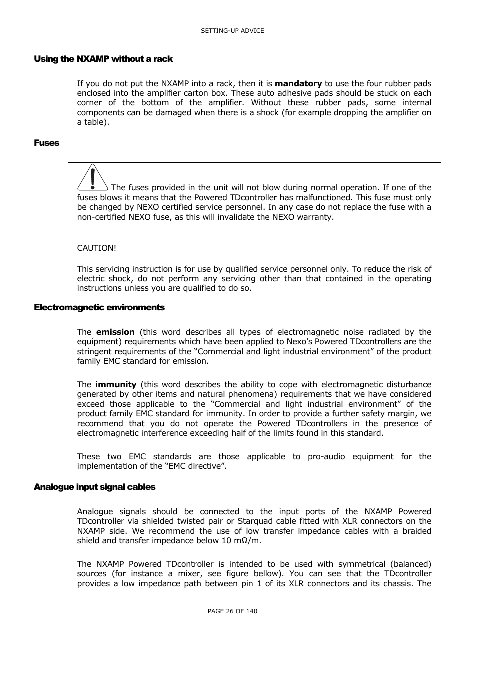 Using the nxamp without a rack, Fuses, Electromagnetic environments | Analogue input signal cables, Sing the, Nxamp, Without a rack, Uses, Lectromagnetic environments, Nalogue input signal cables | Nexo NUAR User Manual | Page 26 / 140