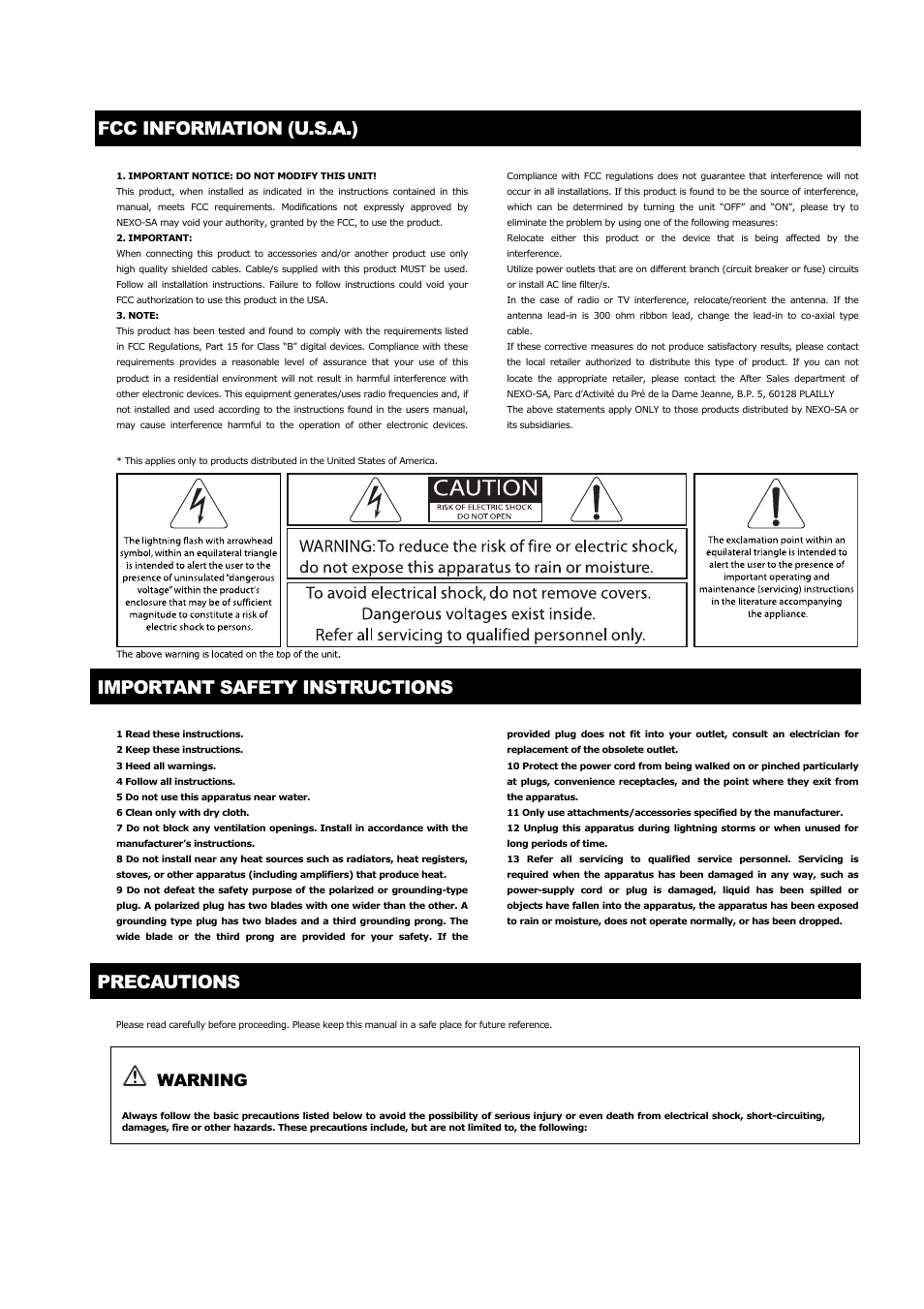 Fcc information (u.s.a.), Important safety instructions, Precautions | Warning | Nexo NUAR User Manual | Page 3 / 140