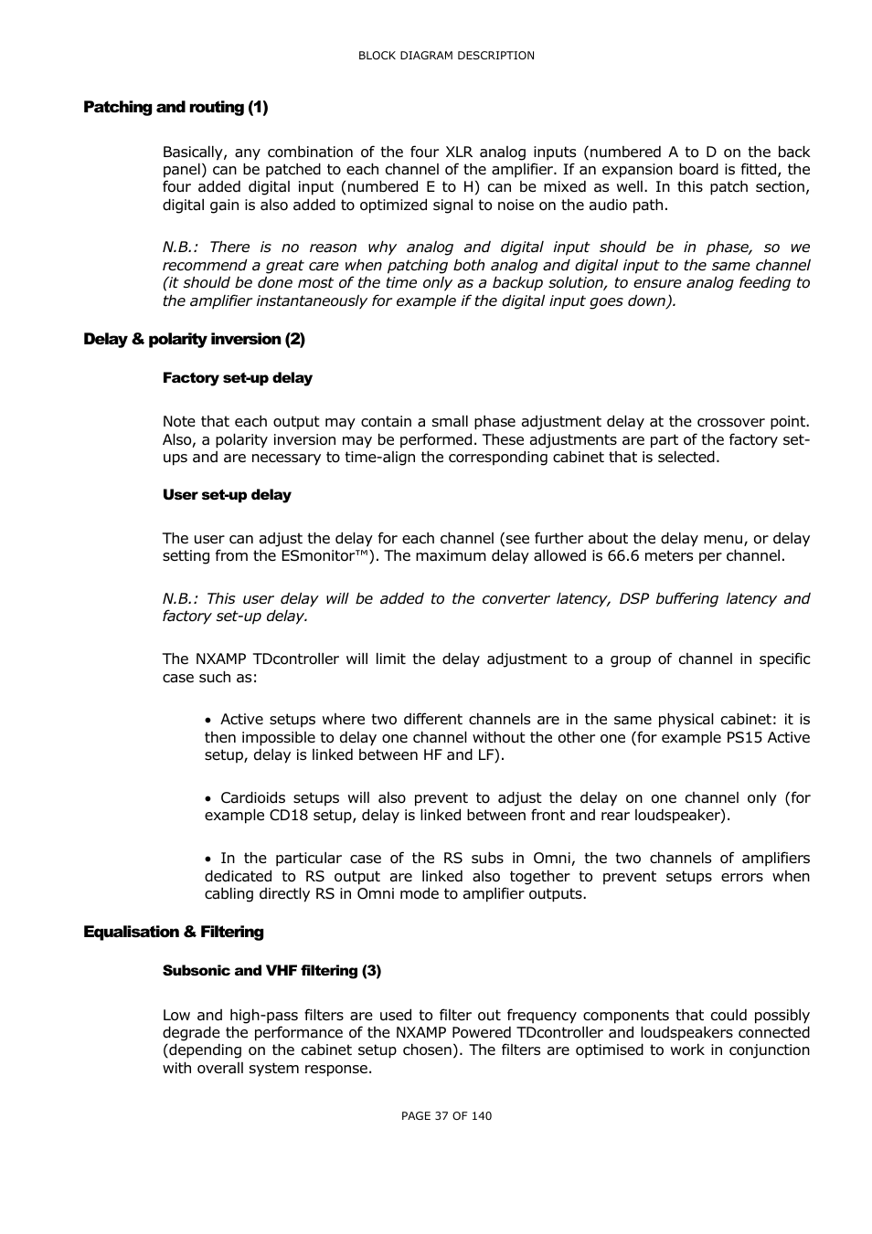 Patching and routing (1), Delay & polarity inversion (2), Factory set-up delay | User set-up delay, Equalisation & filtering, Subsonic and vhf filtering (3), Atching and routing, Elay, Polarity inversion, Actory set | Nexo NUAR User Manual | Page 37 / 140