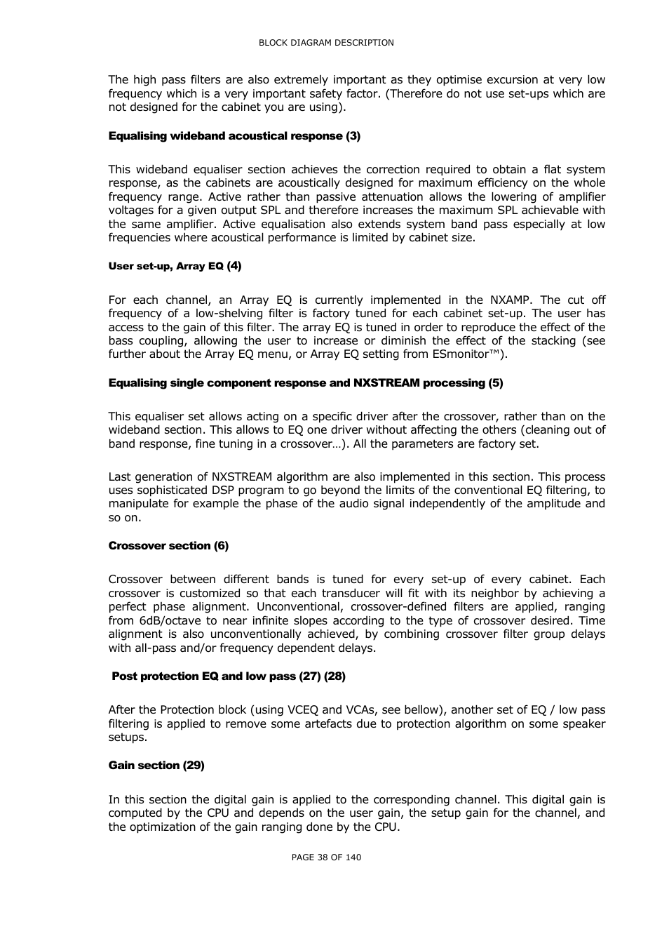 Equalising wideband acoustical response (3), User set-up, array eq (4), Crossover section (6) | Post protection eq and low pass (27) (28), Gain section (29), Qualising wideband acoustical response, Ser set, Rray, Qualising single component response and, Nxstream | Nexo NUAR User Manual | Page 38 / 140