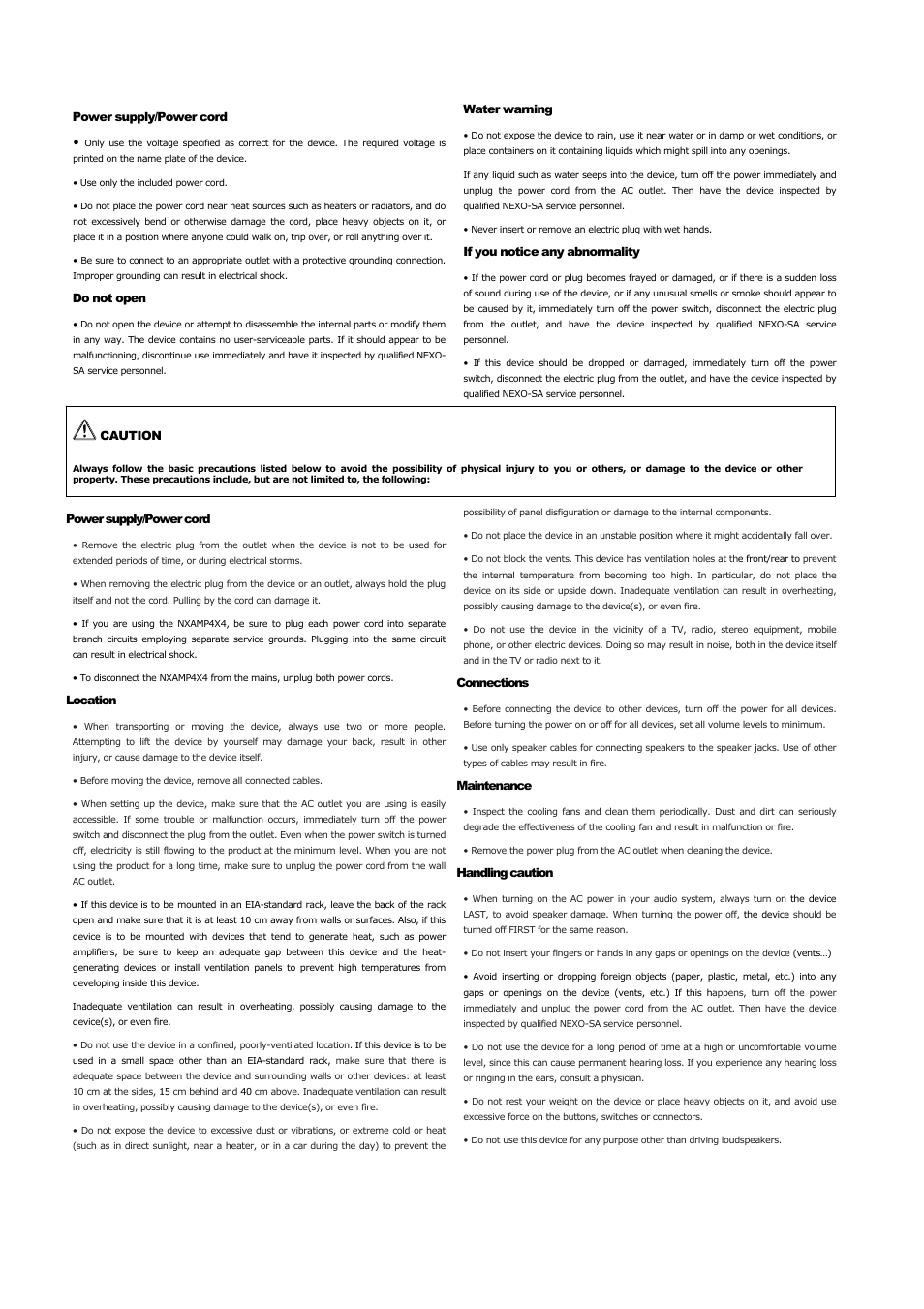 Power supply/power cord, Do not open, Water warning | If you notice any abnormality, Location, Connections, Maintenance, Handling caution | Nexo NUAR User Manual | Page 4 / 140