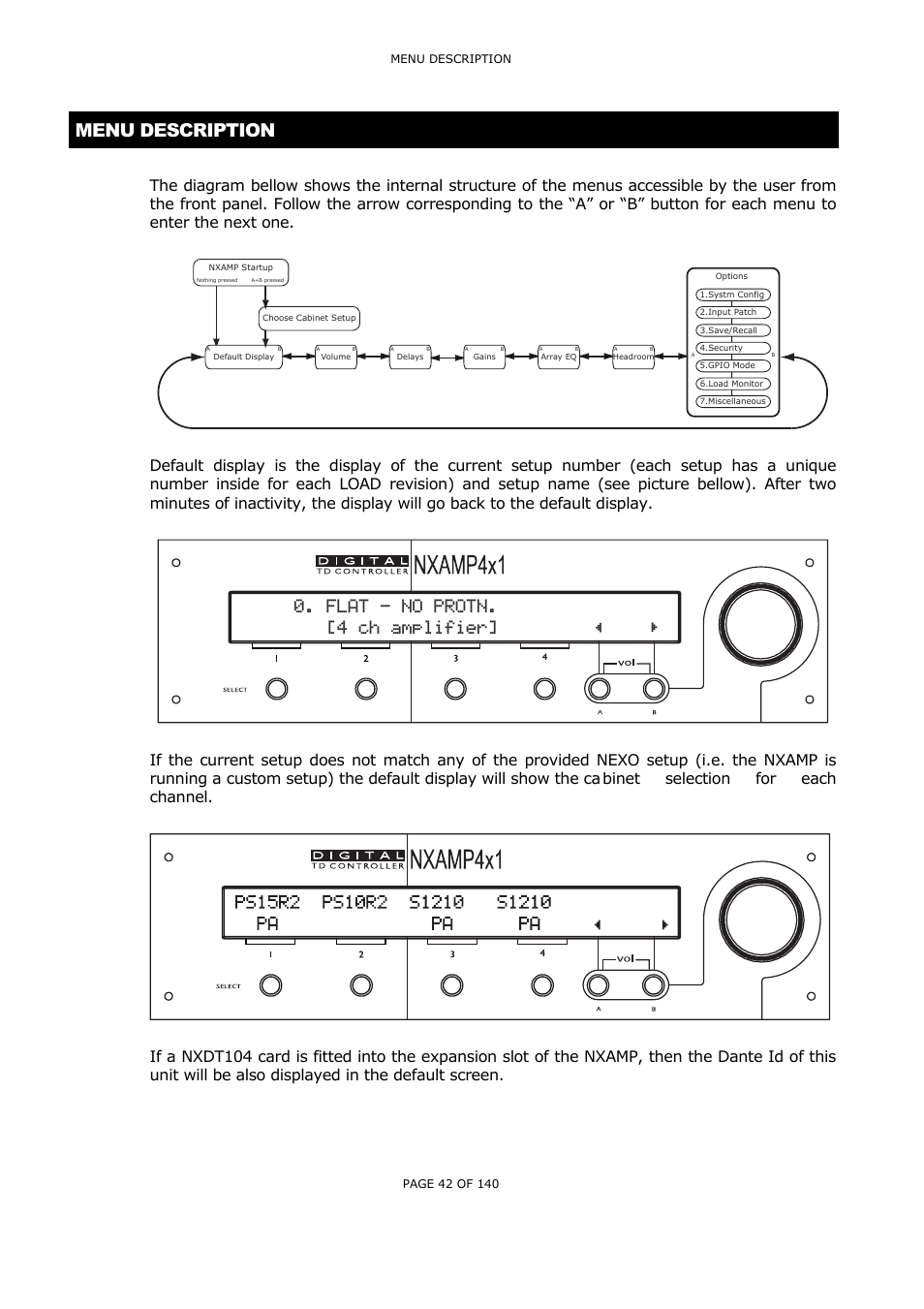 Menu description, Flat - no protn. [4 ch amplifier | Nexo NUAR User Manual | Page 42 / 140