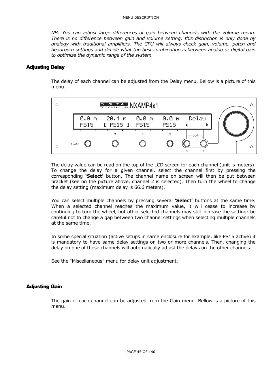 Adjusting delay, Adjusting gain, Djusting | Elay | Nexo NUAR User Manual | Page 45 / 140