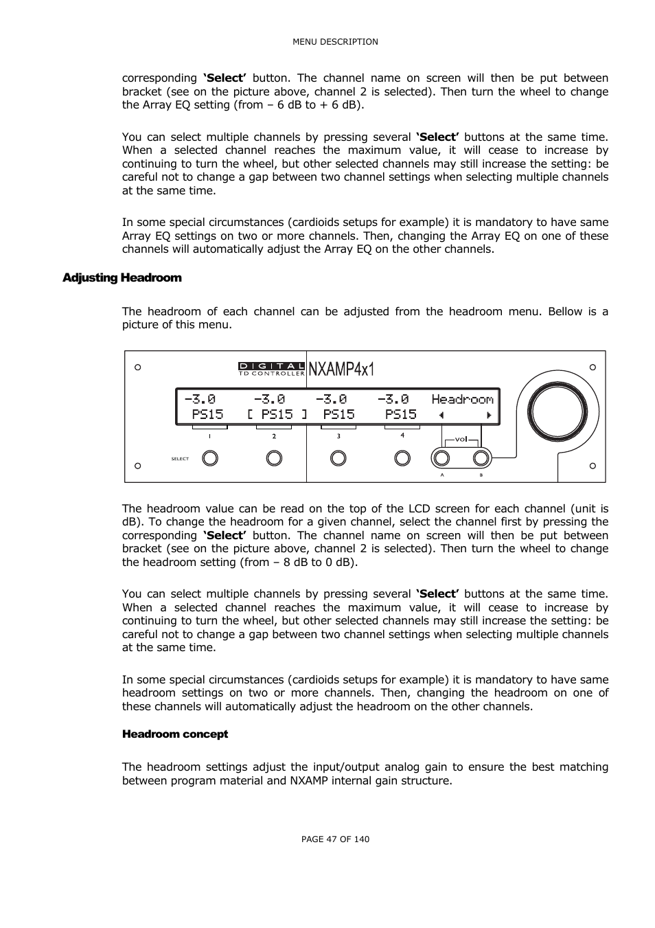 Adjusting headroom, Headroom concept, Djusting | Eadroom, Eadroom concept | Nexo NUAR User Manual | Page 47 / 140