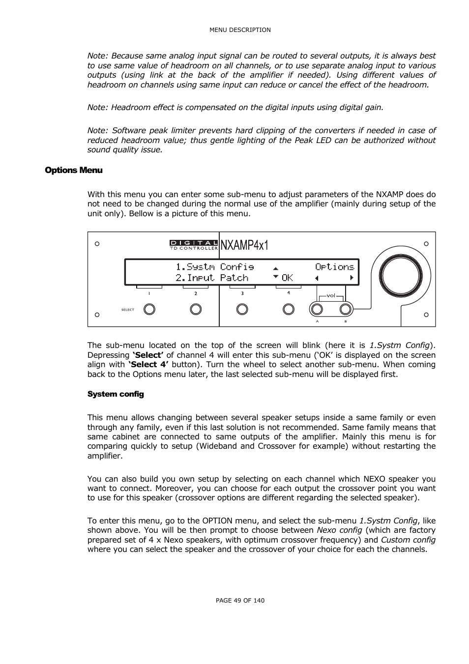 Options menu, System config, Ptions | Ystem config | Nexo NUAR User Manual | Page 49 / 140