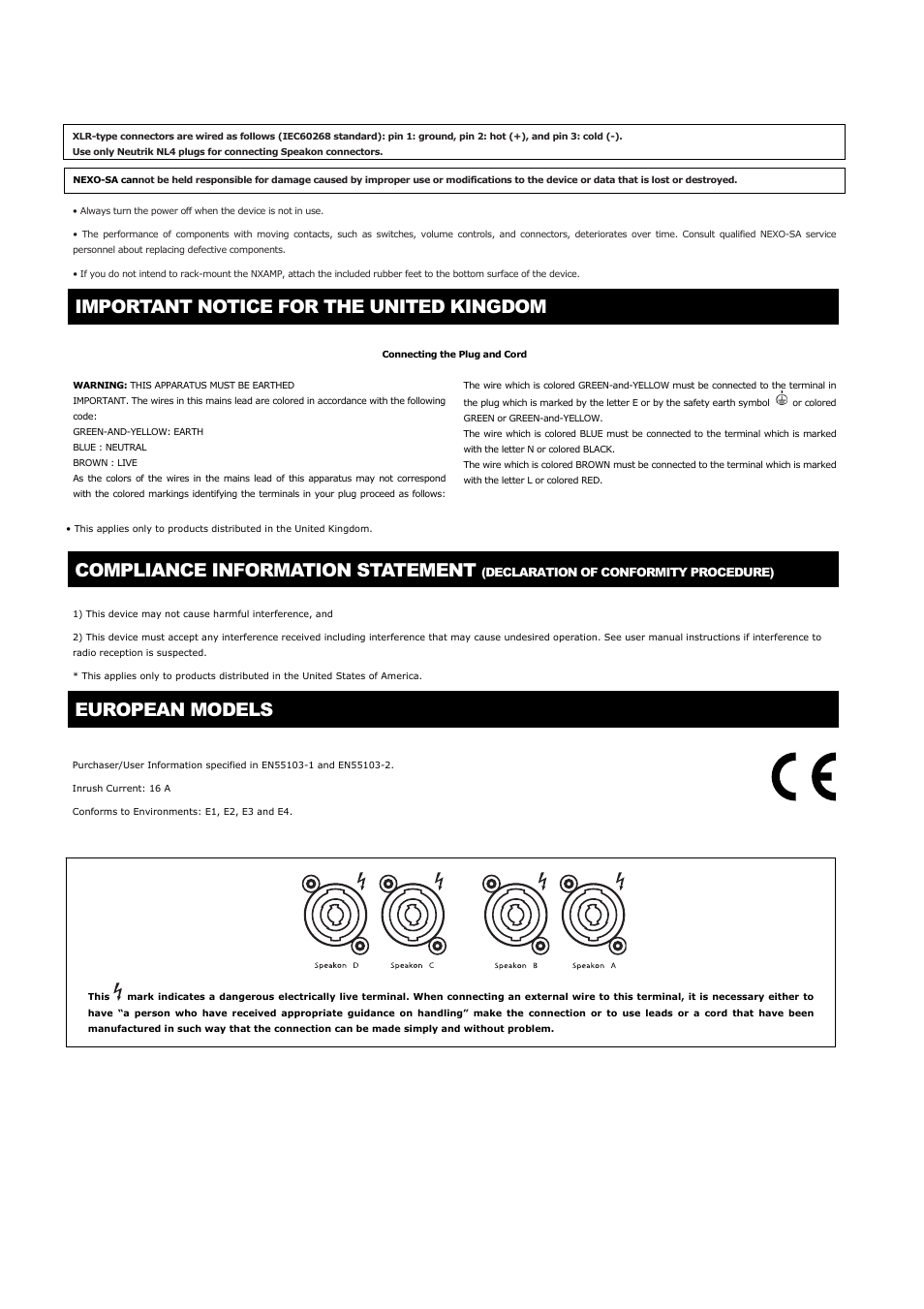 Important notice for the united kingdom, European models, Compliance information statement | Nexo NUAR User Manual | Page 5 / 140