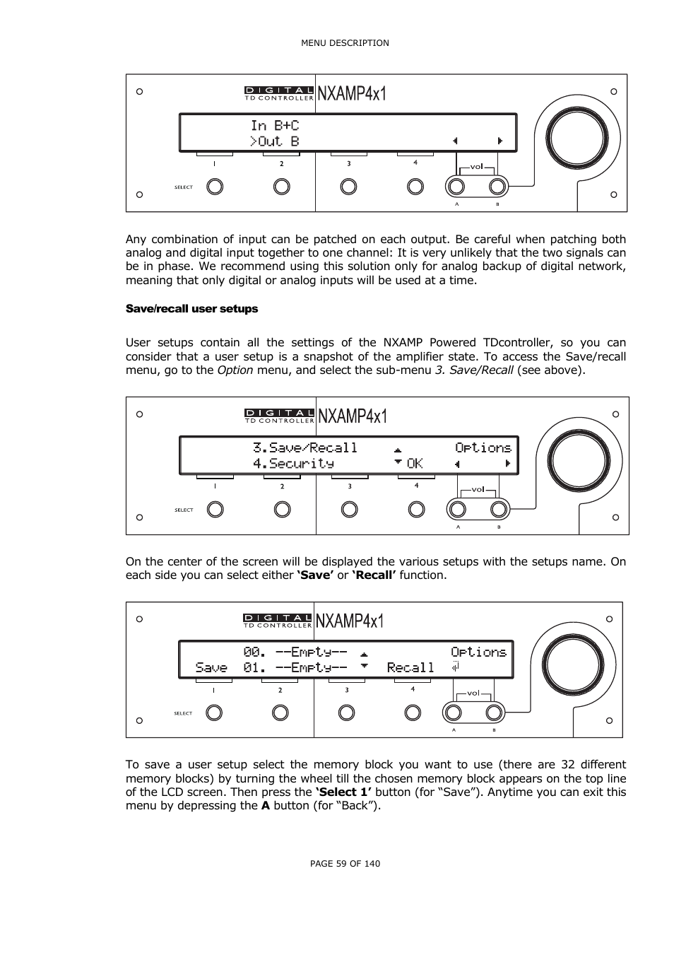 Save/recall user setups, Recall user setups | Nexo NUAR User Manual | Page 59 / 140