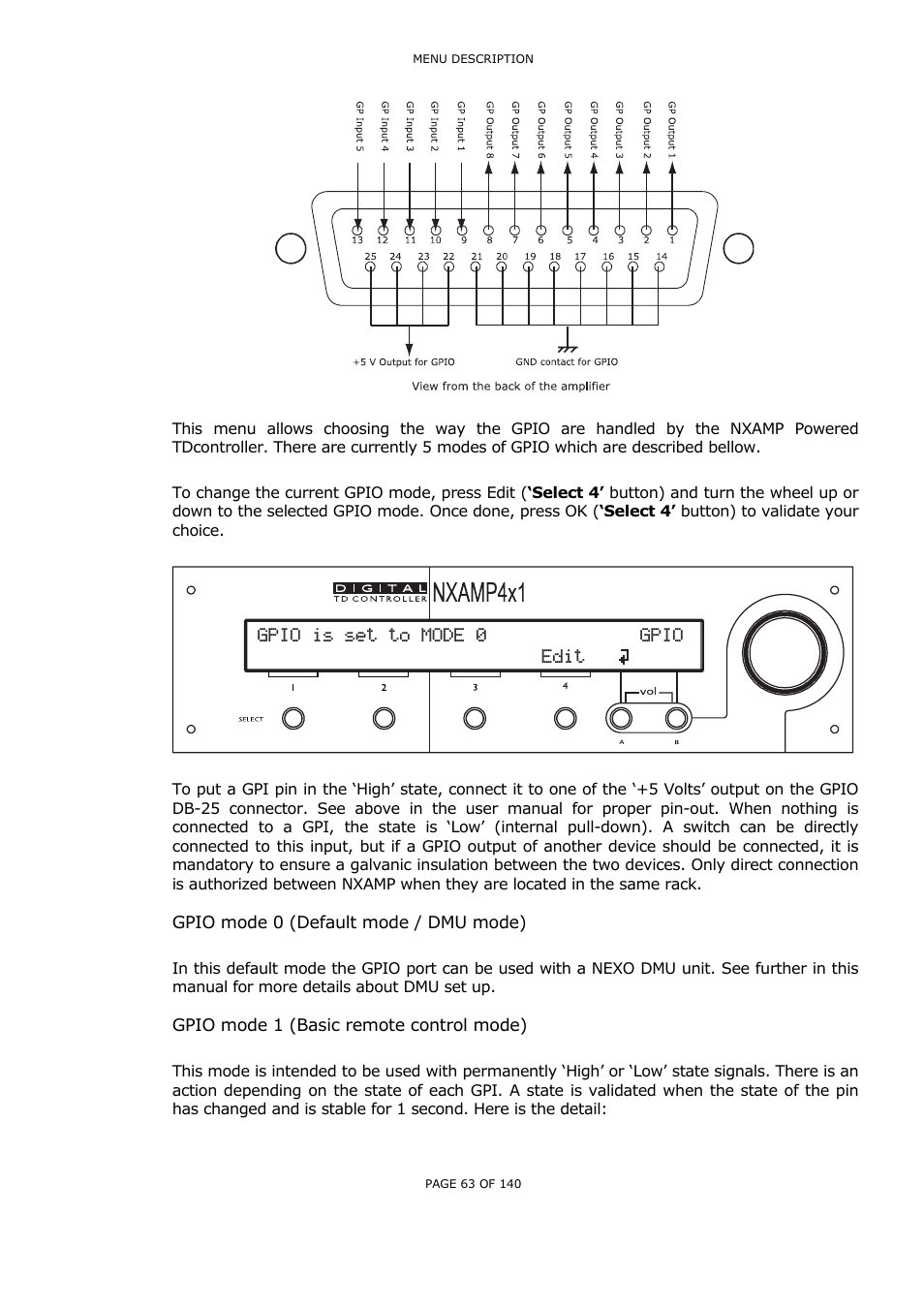 Gpio mode 0 (default mode / dmu mode), Gpio mode 1 (basic remote control mode) | Nexo NUAR User Manual | Page 63 / 140