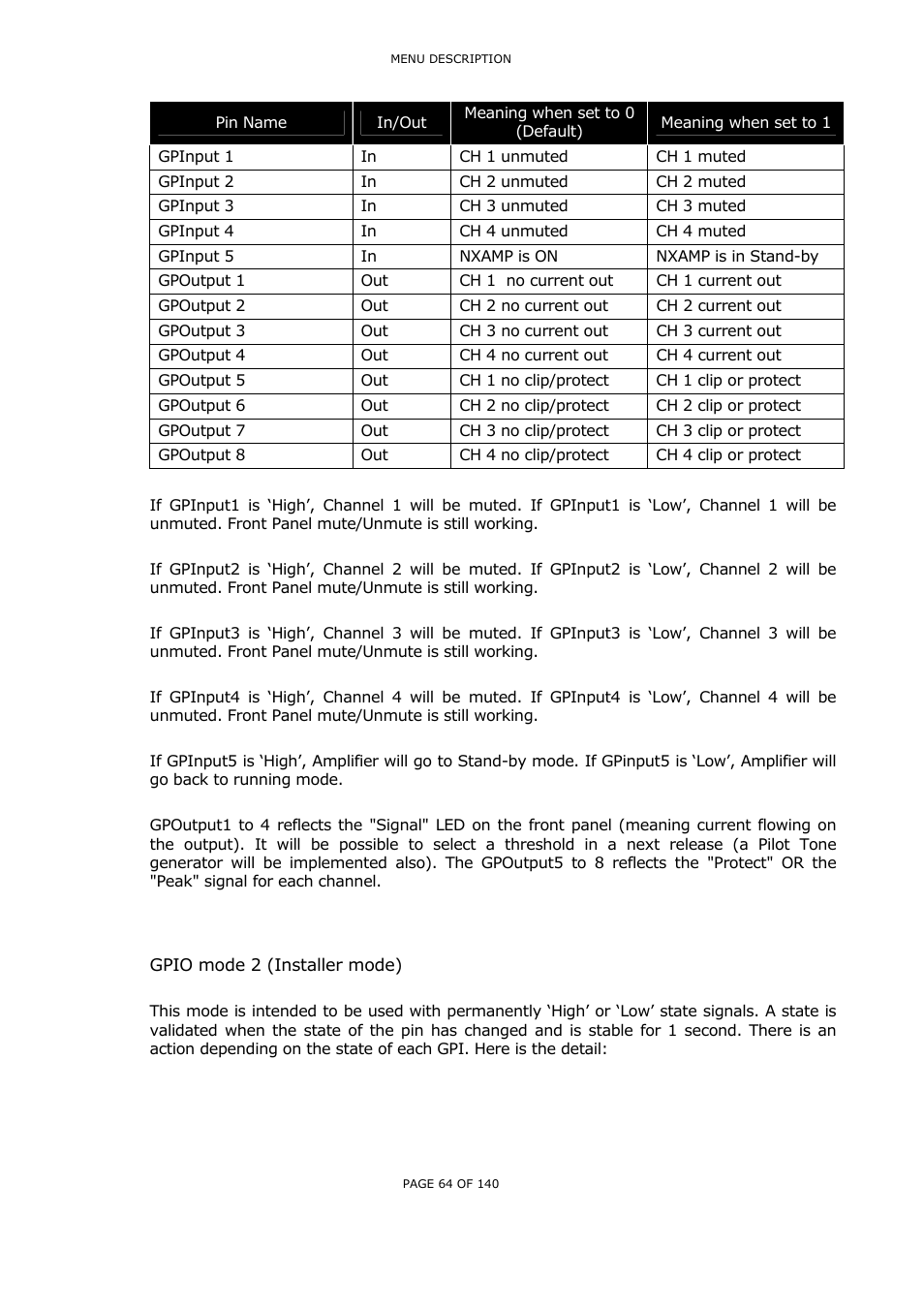 Gpio mode 2 (installer mode) | Nexo NUAR User Manual | Page 64 / 140