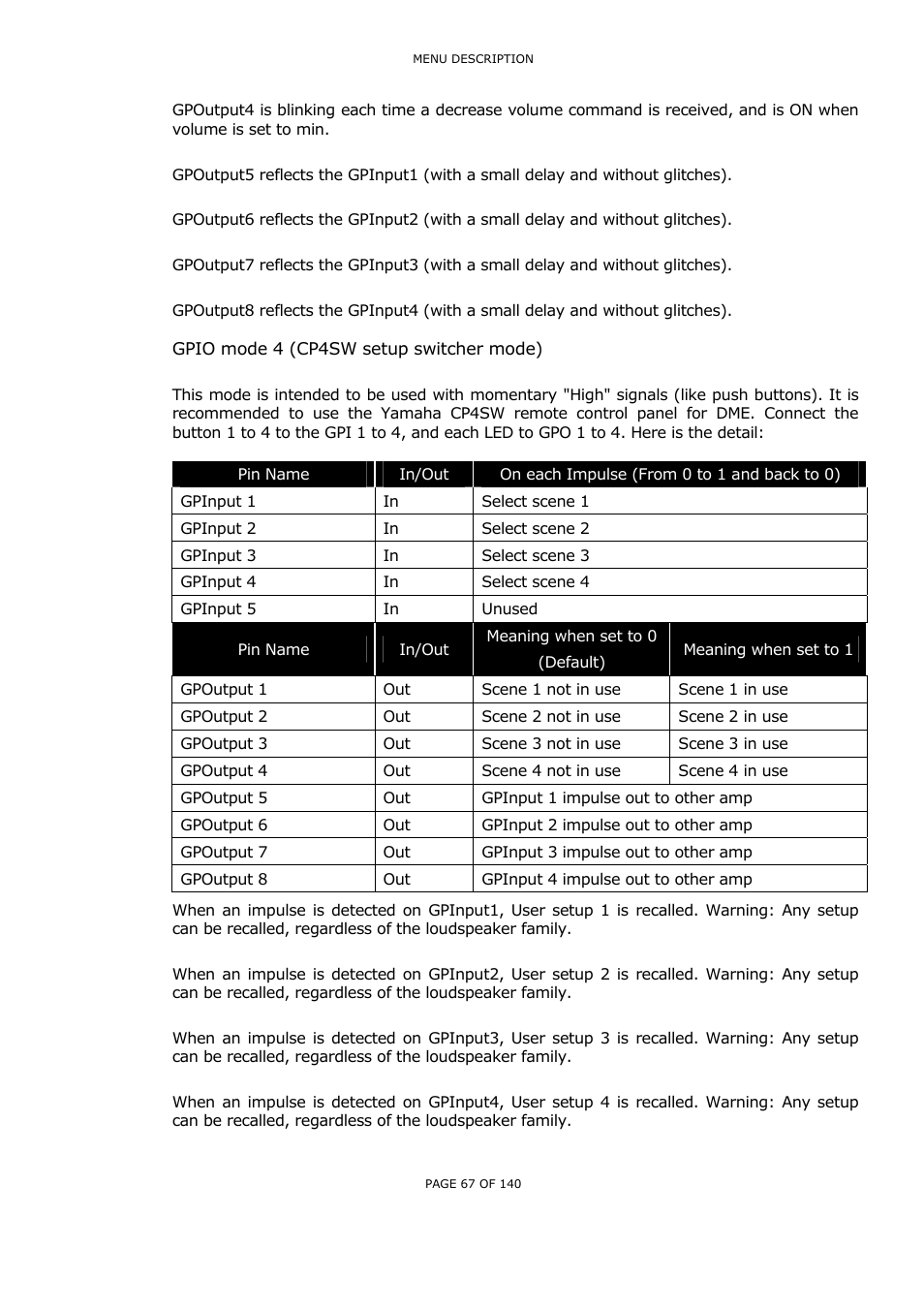 Gpio mode 4 (cp4sw setup switcher mode) | Nexo NUAR User Manual | Page 67 / 140