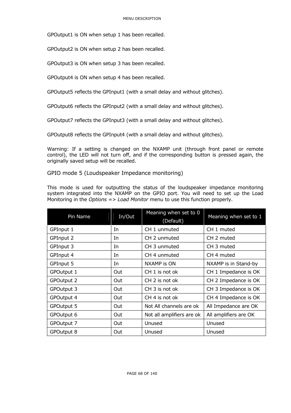 Gpio mode 5 (loudspeaker impedance monitoring) | Nexo NUAR User Manual | Page 68 / 140