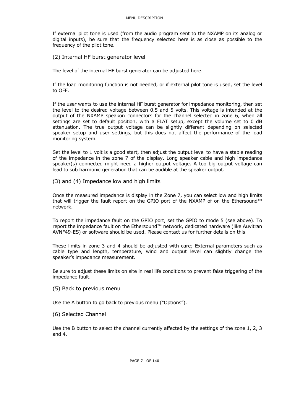 2) internal hf burst generator level, 3) and (4) impedance low and high limits, 5) back to previous menu | 6) selected channel | Nexo NUAR User Manual | Page 71 / 140