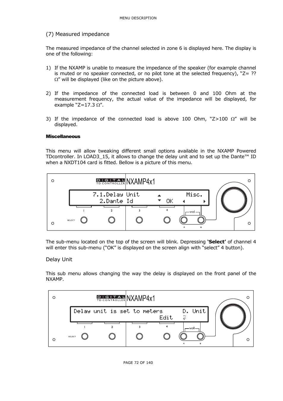 7) measured impedance, Miscellaneous, Delay unit | Iscellaneous | Nexo NUAR User Manual | Page 72 / 140
