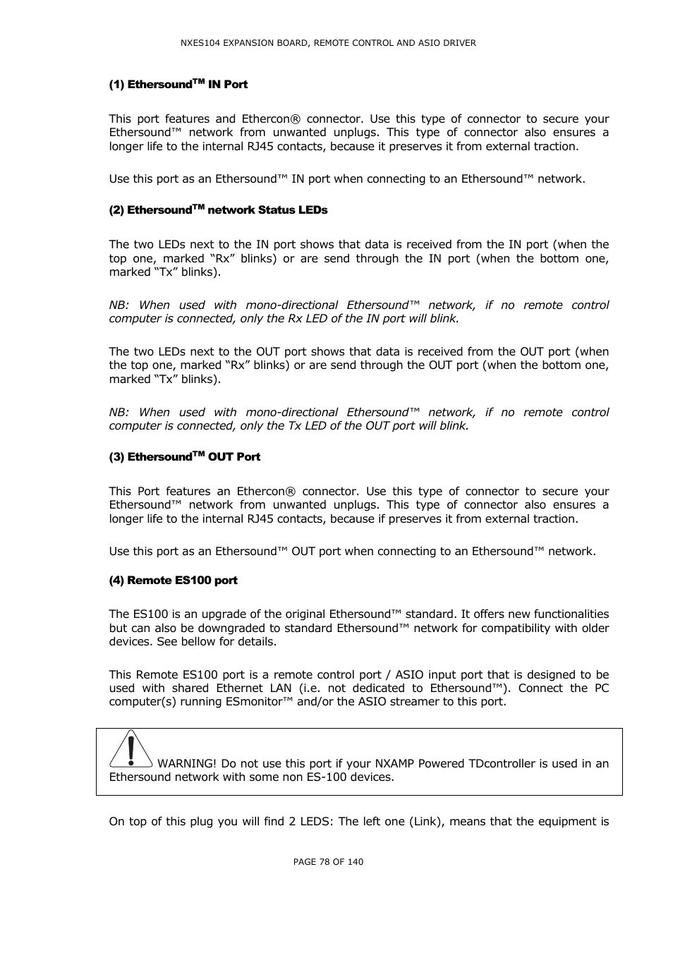1) ethersound™ in port, 2) ethersound™ network status leds, 3) ethersound™ out port | 4) remote es100 port, Thersound, Network, Tatus, Emote, Es100, Port | Nexo NUAR User Manual | Page 78 / 140