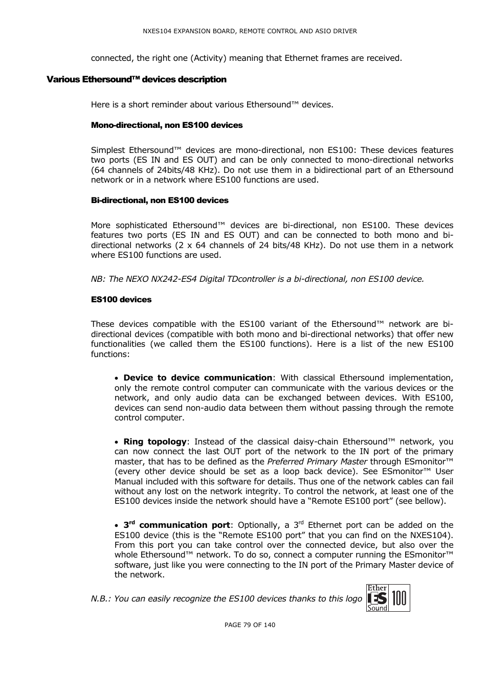 Various ethersound™ devices description, Mono-directional, non es100 devices, Bi-directional, non es100 devices | Es100 devices, Arious, Thersound, Devices description, Directional, Es100, Devices | Nexo NUAR User Manual | Page 79 / 140