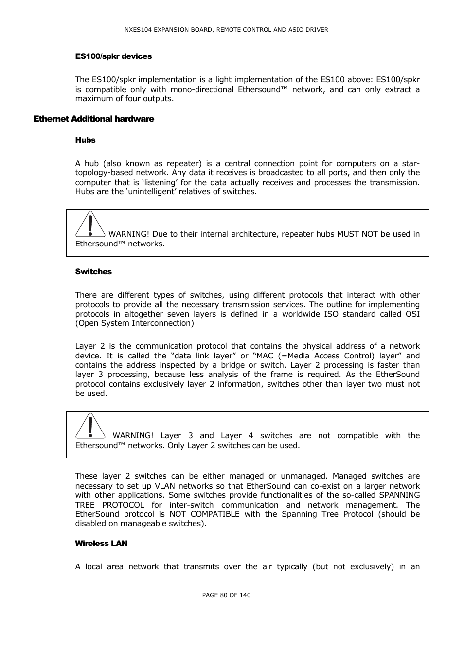 Es100/spkr devices, Ethernet additional hardware, Hubs | Switches, Wireless lan, Es100, Spkr devices, Thernet, Dditional hardware, Witches | Nexo NUAR User Manual | Page 80 / 140