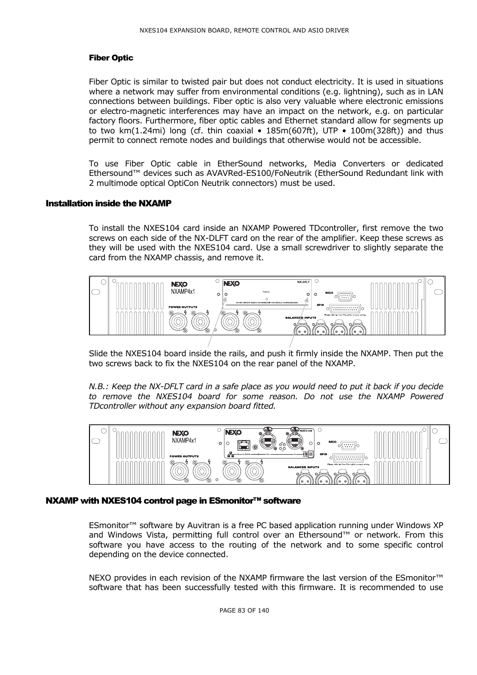 Fiber optic, Installation inside the nxamp, Iber | Ptic, Nstallation inside the, Nxamp, With, Nxes104, Monitor, Software | Nexo NUAR User Manual | Page 83 / 140