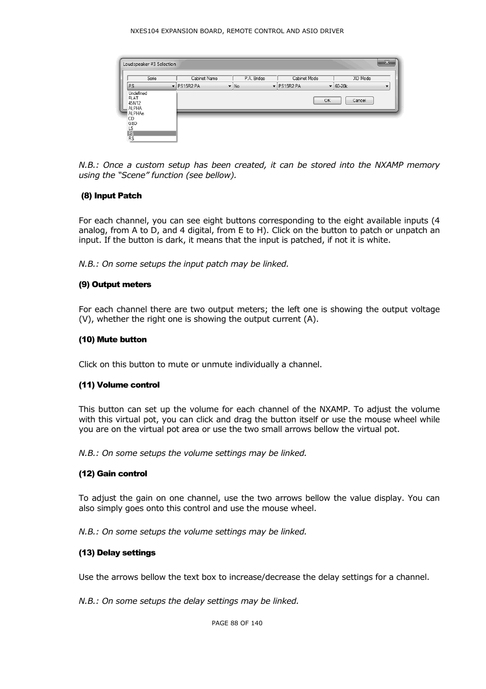 8) input patch, 9) output meters, 10) mute button | 11) volume control, 12) gain control, 13) delay settings, Nput, Atch, Utput meters, Ute button | Nexo NUAR User Manual | Page 88 / 140