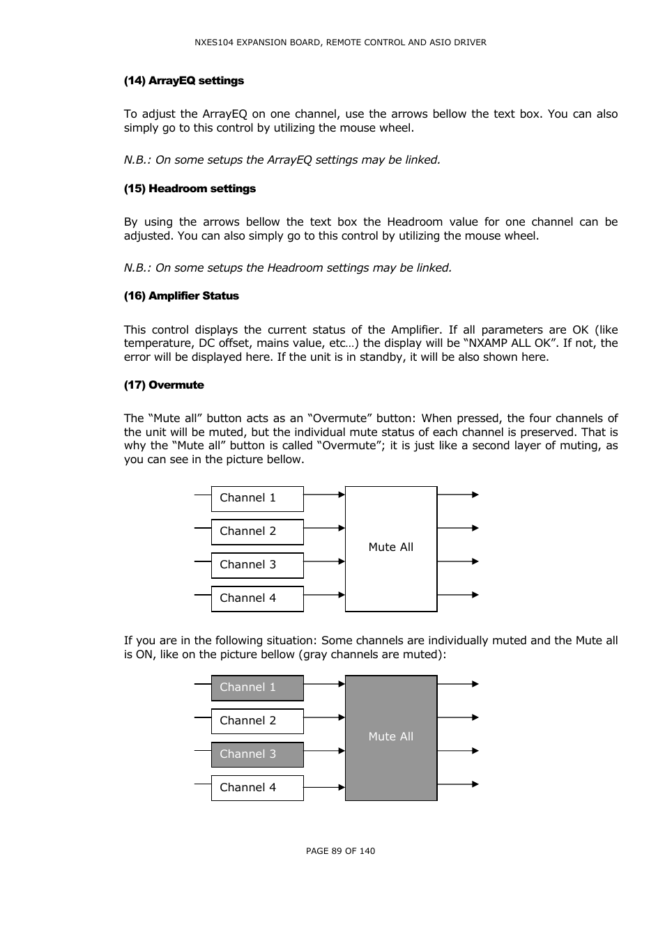 14) arrayeq settings, 15) headroom settings, 16) amplifier status | 17) overmute, Rray, Settings, Eadroom settings, Mplifier, Tatus, Vermute | Nexo NUAR User Manual | Page 89 / 140