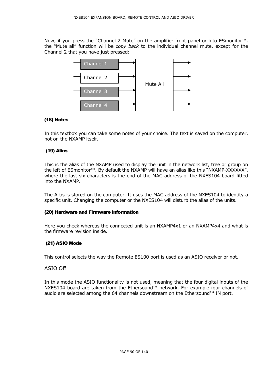 18) notes, 19) alias, 20) hardware and firmware information | 21) asio mode, Asio off, Otes, Lias, Ardware and, Irmware information, Asio | Nexo NUAR User Manual | Page 90 / 140