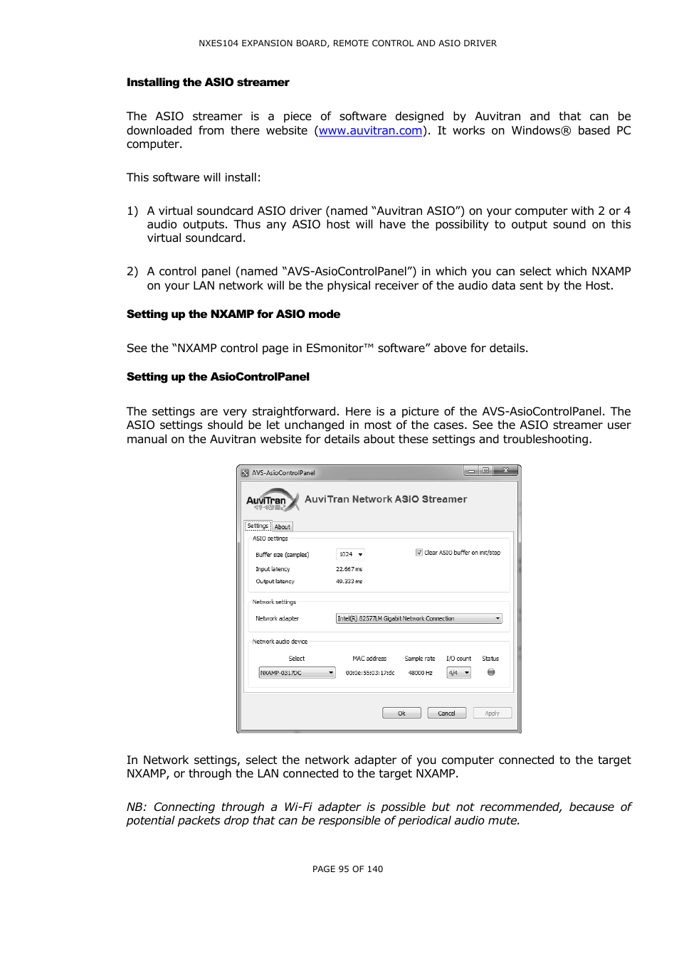 Installing the asio streamer, Setting up the nxamp for asio mode, Setting up the asiocontrolpanel | Nstalling the, Asio, Streamer, Etting up the, Nxamp, Mode, Ontrol | Nexo NUAR User Manual | Page 95 / 140