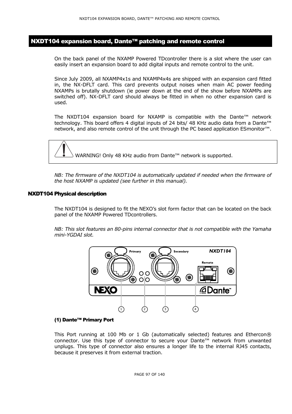 Nxdt104 physical description, 1) dante™ primary port, Nxdt104 | Hysical description, Ante, Rimary | Nexo NUAR User Manual | Page 97 / 140