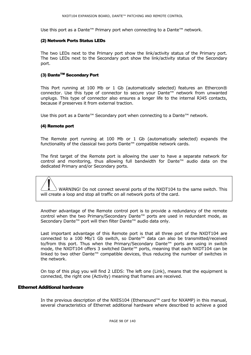 2) network ports status leds, 3) dante™ secondary port, 4) remote port | Ethernet additional hardware, Etwork, Orts, Tatus, Ante, Econdary, Emote port | Nexo NUAR User Manual | Page 98 / 140